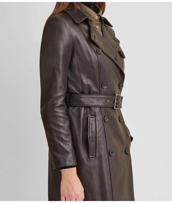 Women's Breasted Belted Leather Coat