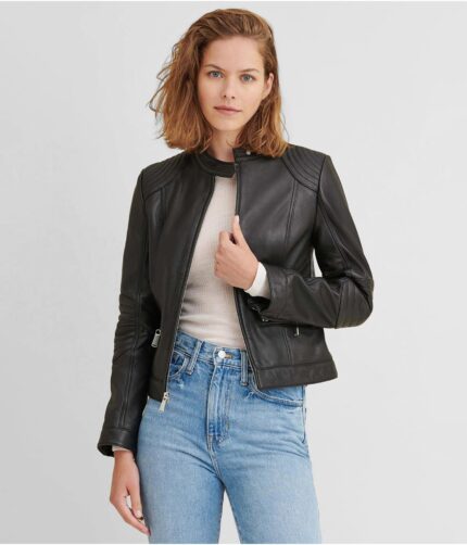 Women's Quilted Shoulder Leather Jacket, womens leather jacket, quilted jacket, quilted shoulder jacket, womens black jacket, black leather jacket, womens black quilted jacket, womens quilted shoulder jacket, weleatherjacket