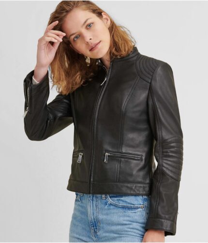 Women's Quilted Shoulder Leather Jacket