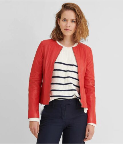 Women's Red Leather Jacket With Side Stitching