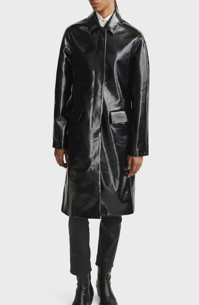 Coat morin faux, Black Leather Coat, Black Morin Faux Leather Coat