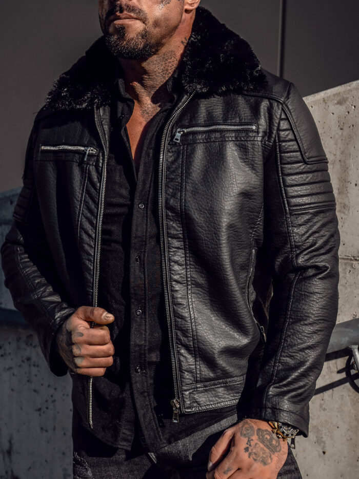 Men's Fur Black Leather Jacket