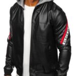 Men's Black-Red Hooded Leather Jacket