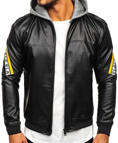 Men's Black-Yellow Hooded Leather Jacket,