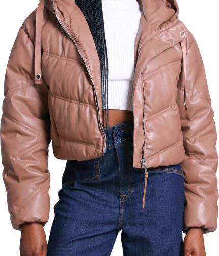 Hooded Crop, Water Resistant, Faux Leather Jacket, Hooded Crop Water Resistant Faux Leather Jacket