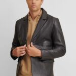 Men's Black Blazer Leather Coat,