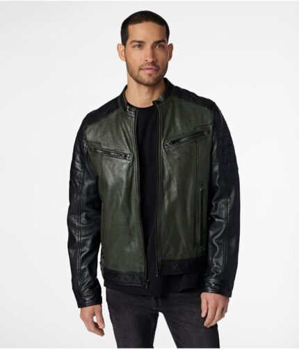 Drake Color Block Leather Jacket, men's jacket, men's leather jacket,leather jacket, black and olive leather jacket, Drake Color jacket, drake color leather jacket, block leather jacket, weleatherjacket