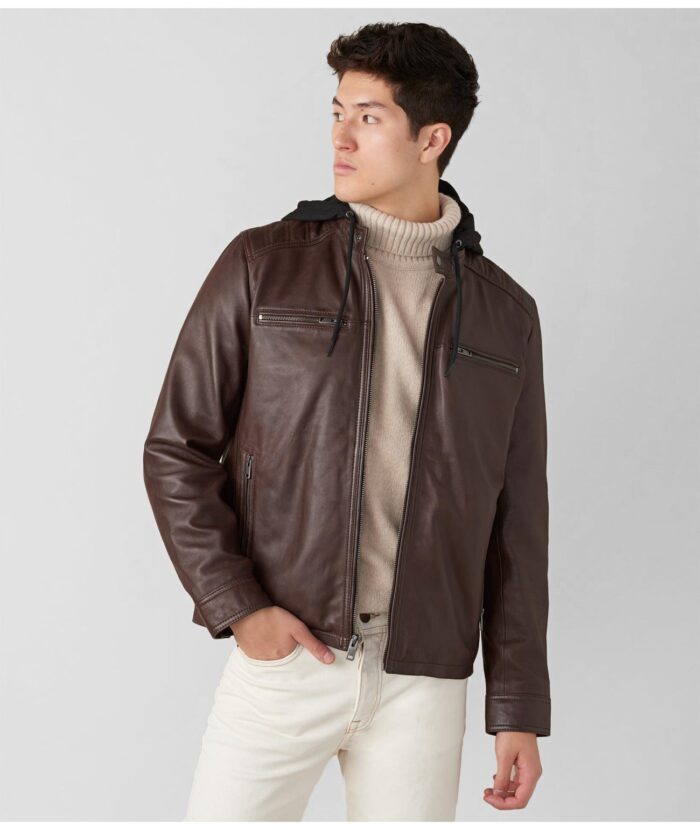 Men's Brown Removable Hood Jacket,