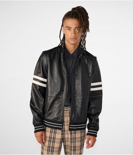 Men's Black Bomber Stripe Jacket, black bomber jacket, bomber jacket, black jacket, black stripe jacket, black stripe bomber jacket,leather jacket, leather bomber jacket, black bomber jacket,men's jacket, men's bomber jacket, men's leather jacket, weleatherjacket