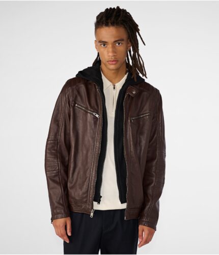 Men's Removable Hood Leather Jacket, removable hood jacket, removable hood leather jacket, brown hooded jacket, hooded jacket,weleatherjacket