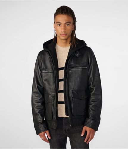 Men's Adrian Hood Leather Jacket, removable hood jacket, removable hood leather jacket, Black hooded jacket, hooded jacket, Black removable hood jacket, men's hood jacket, Hood Jacket, Black jacket, Black leather jacket, leather jacket, weleatherjacket