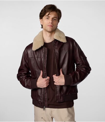 Men's Maroon Leather Bomber Jacket, men's jacket,men's Maroon jacket, men's leather jacket,leather jacket, Maroon leather jacket, Maroon bomber jacket, bomber jacket, bomber leather jacket, shearling collar, shearling collar jacket, weleatherjacket