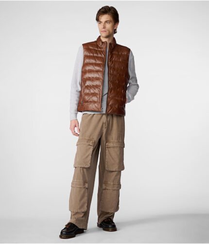 Men's Brown Leather Puffer Vest,puffer vest, brown puffer vest, leather vest, men's vest, men's puffer vest, men's leather puffer vest, men's brown vest, weleatherjacket