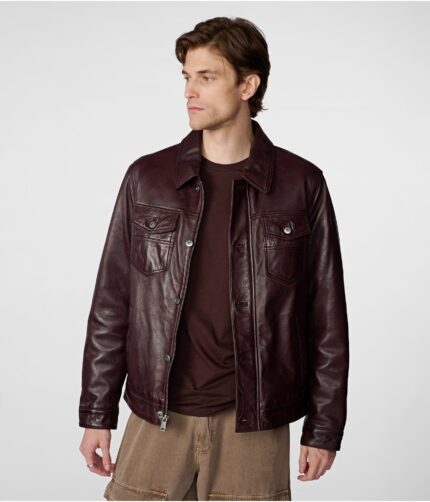 Men's Maroon Trucker Leather Jacket,maroon jacket, maroon trucker jacket, leather jacket, maroon trucker leather jacket, leather jacket, weleatherjacket