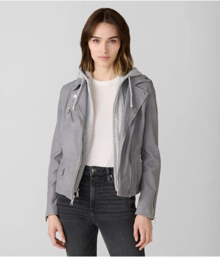 Women's Grey Hooded Leather Jacket, womens jacket, womens leather jacket, womens hooded jacket, hooded jacket, grey hooded jacket,grey jacket,grey leather jacket, grey hooded jacket, leather jacket, womens grey leather jacket, weleatherjacket