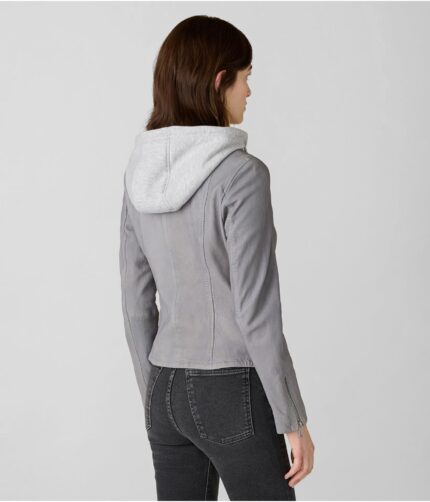 Women's Grey Hooded Leather Jacket