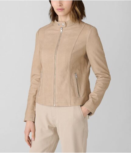 Women's Beige Collar Leather Jacket