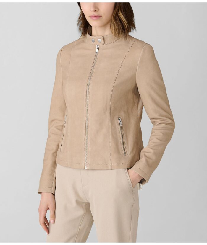 Women's Beige Collar Leather Jacket