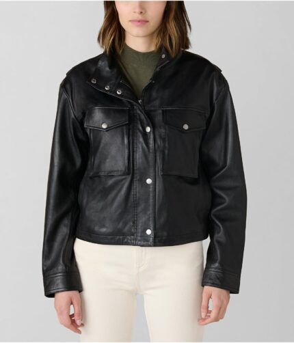 Women's Button Neck Leather Jacket