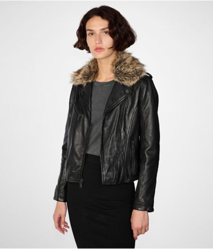 Women's Fur Collar Leather Jacket, black jacket, black leather jacket, hooded jacket, black fur hooded jacket, womens hooded jacket,womens balck hoode jacket, black jacket, womens black jacket, womens hoode black jacket,polyester jacket, womens polyester jacket, black hooded jacket, fur collar jacket, fur collar leather jacket, womens black fur jacket, womens black fur leather jacket, weleatherjacket