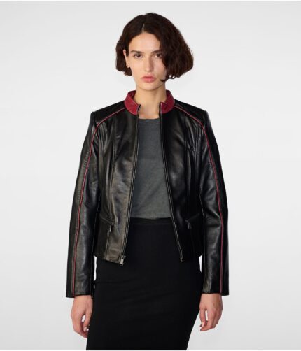 Women's Leather Jacket With Racing Stripe,