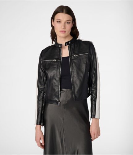 Samantha Black Leather Jacket, womens blazer leather jacket, thinsulate jacket,womens jacket, womens leather jacket, black leather jacket, black blazer leather jacket, thinsulate leather jacket, thinsulate black jacket, samantha jacket, samantha black leather jacket, black jacket with white stripe, white stripe jacket, womens white stripe jacket,weleatherjacket