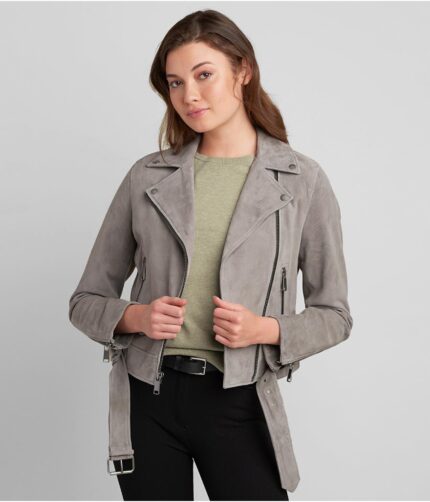 Women's Grey Suede Belted Moto Jacket, womens jacket,womens leather jacket,leather jacket, grey jacket, womens grey jacket, womens grey leather jacket, belted grey jacket, belted jacket, belted leather jacket, womens belted jacket, womens suede jacket, suede leather jacket, suede belted jacket, weleatherjacket, moto jacket, moto leather jacket, womens moto jacket, womens moto leather jacket