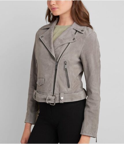 Women's Grey Suede Belted Moto Jacket,