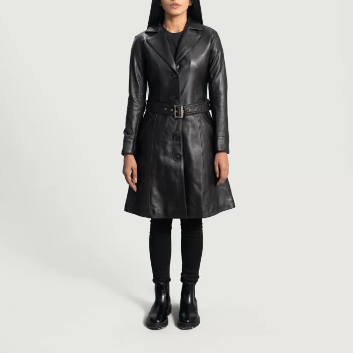 Women's Black Belted Trench Leather Coat,Women's Coat,Black Coat,Women's Black Coat, Belted Coat,Women's Belted Coat,Trench Coat, Trench Leather Coat, Women's Trench Coat,Black Trench Coat,Weleatherjacket