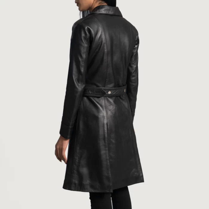 Women's Black Belted Trench Leather Coat