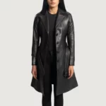 Women's Black Belted Trench Leather Coat