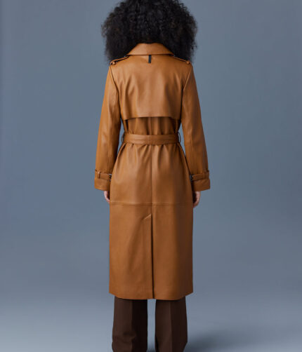 Women's Tan Leather Belted Coat